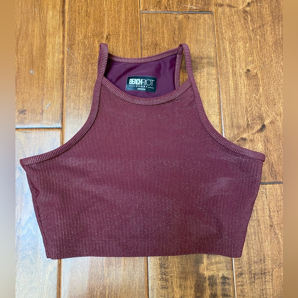 Beach Riot Maroon Ribbed High-Neck Crop Top with gold thread ✨ sparkle